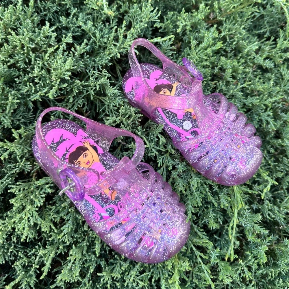 Dora The Explorer Toddler Girl Pink Purple Glitter Jelly Caged Toe Sandals Sz 7